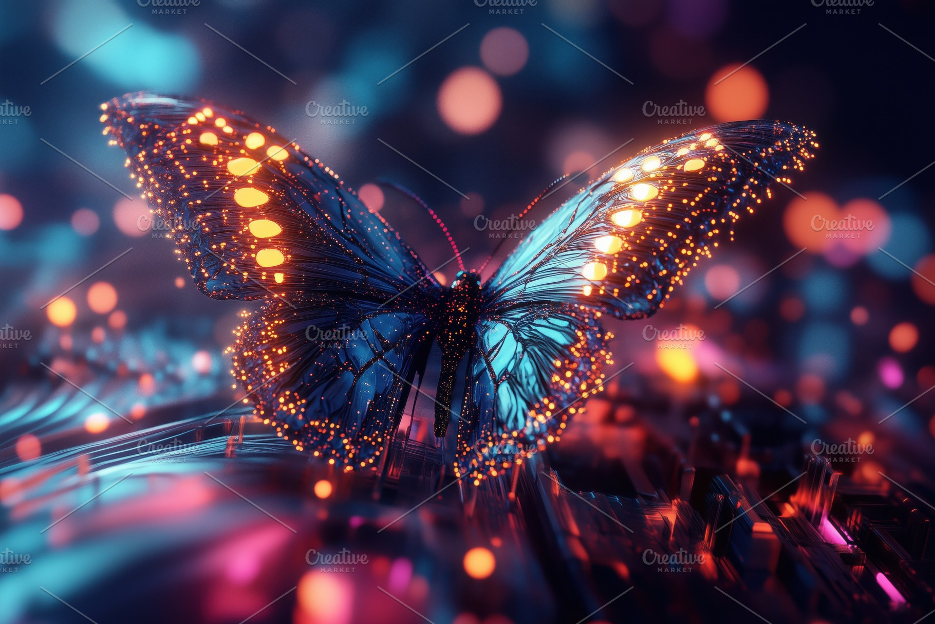A vibrant, digitally rendered butterfly with glowing wings, surrounded by color, an Animal Photo by Textures & Backgrounds