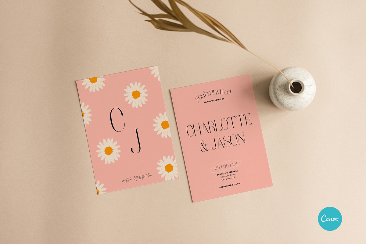 Daisy Floral Wedding Invite CANVA, an Invitation Template by StudioVonBraitenberg (Photo 3 of 9)
