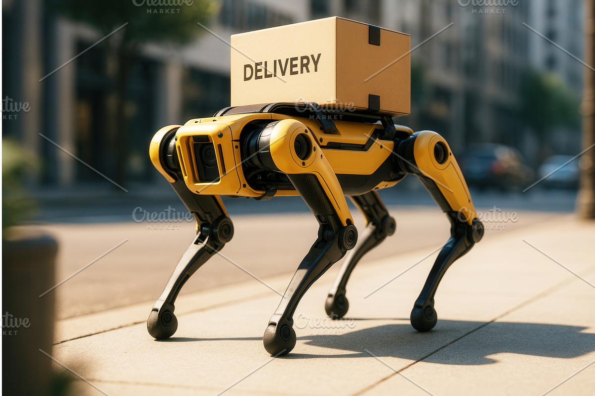 A robotic delivery dog carrying a, a Technology Illustration by Sergey Kotenev
