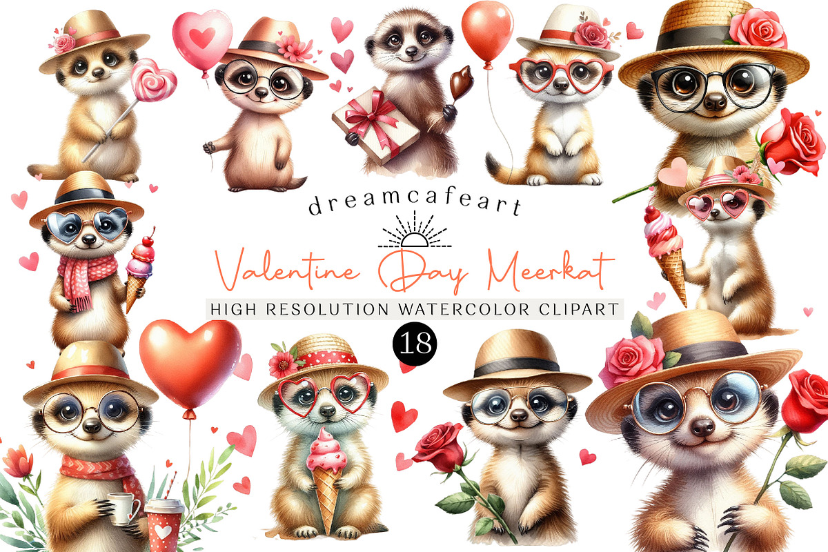 Watercolor Valentine Day Meerkat, an Illustration by DreamCafeArt (Photo 1 of 6)