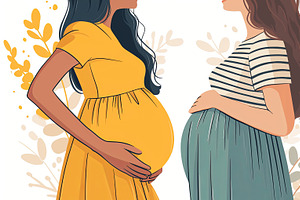 Two pregnant women standing together surrounded by decorative floral elements, an Illustration by AS photostudio