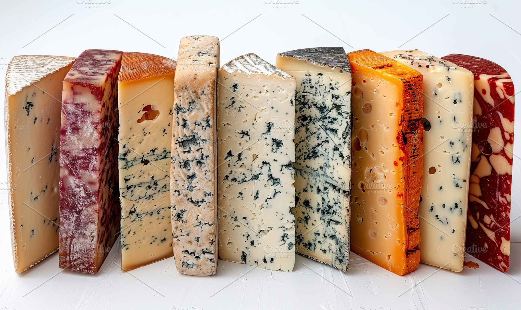 Colorful cheeses, from blue to chedd, a Photo by LOGOCREATIVE