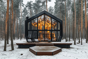 Modern house in winter pine forest, an Architecture Photo by AlyaAnd