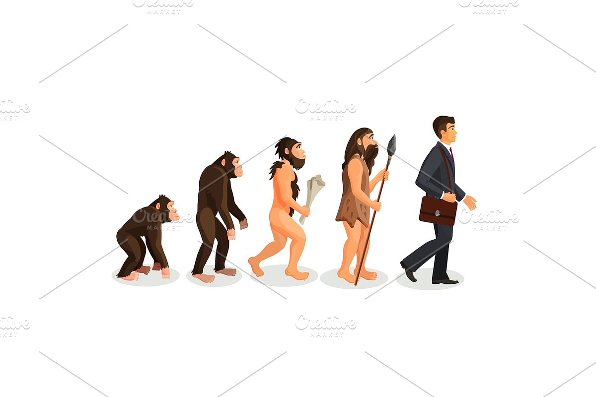 From ape to man standing process isolated. Human evolution, an Animal Illustration by Shanvood art