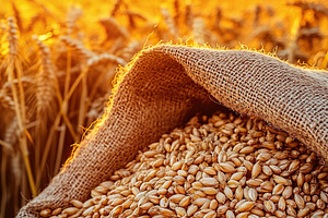 Wheat grains fill burlap sack against vibrant sunset over golden crop field, a Food & Drink Photo by AlyaAnd