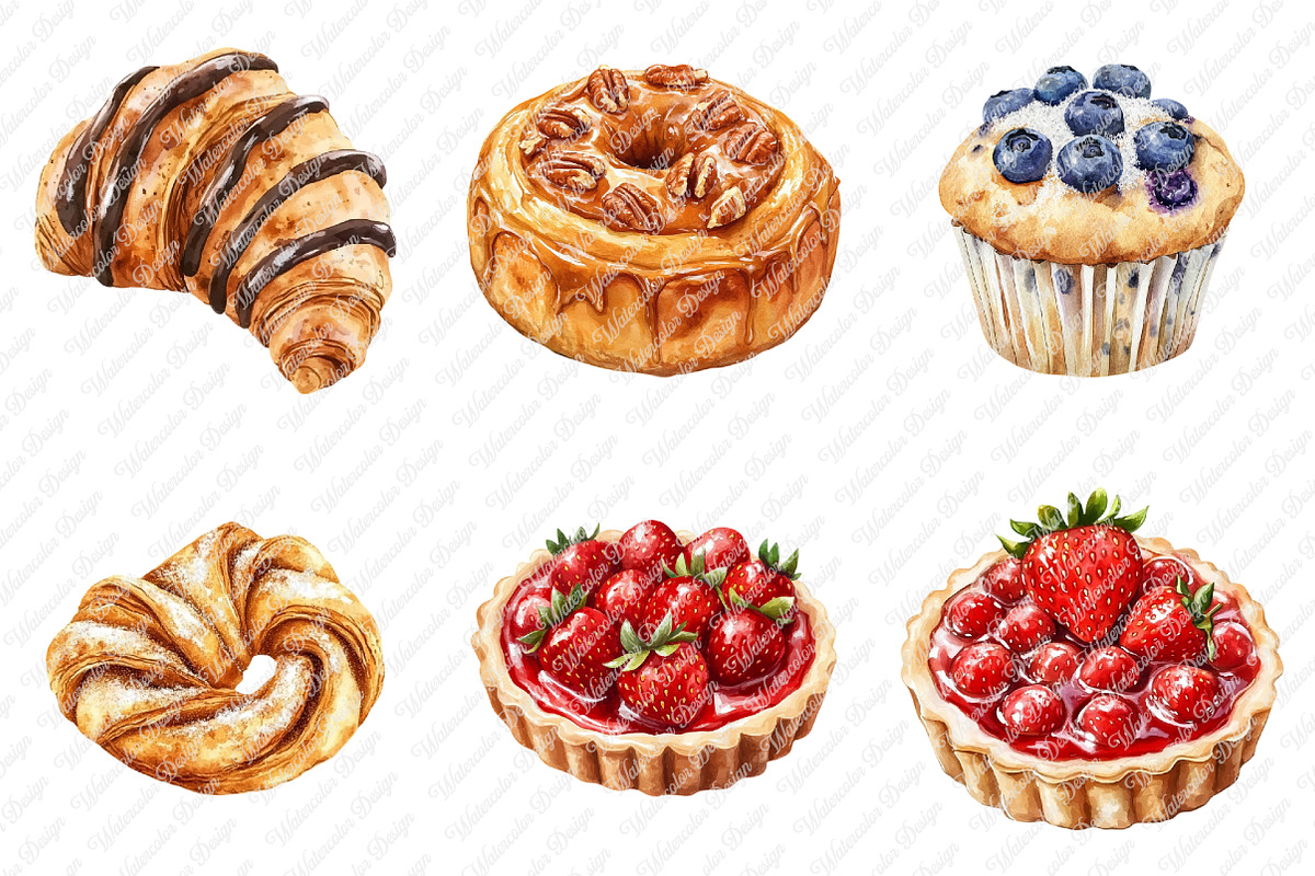 Pastries Watercolor Clipart Set, an Illustration by Watercolor design (Photo 3 of 12)