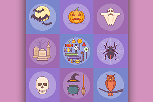 Set Of 9 Halloween Flat Style Icons.