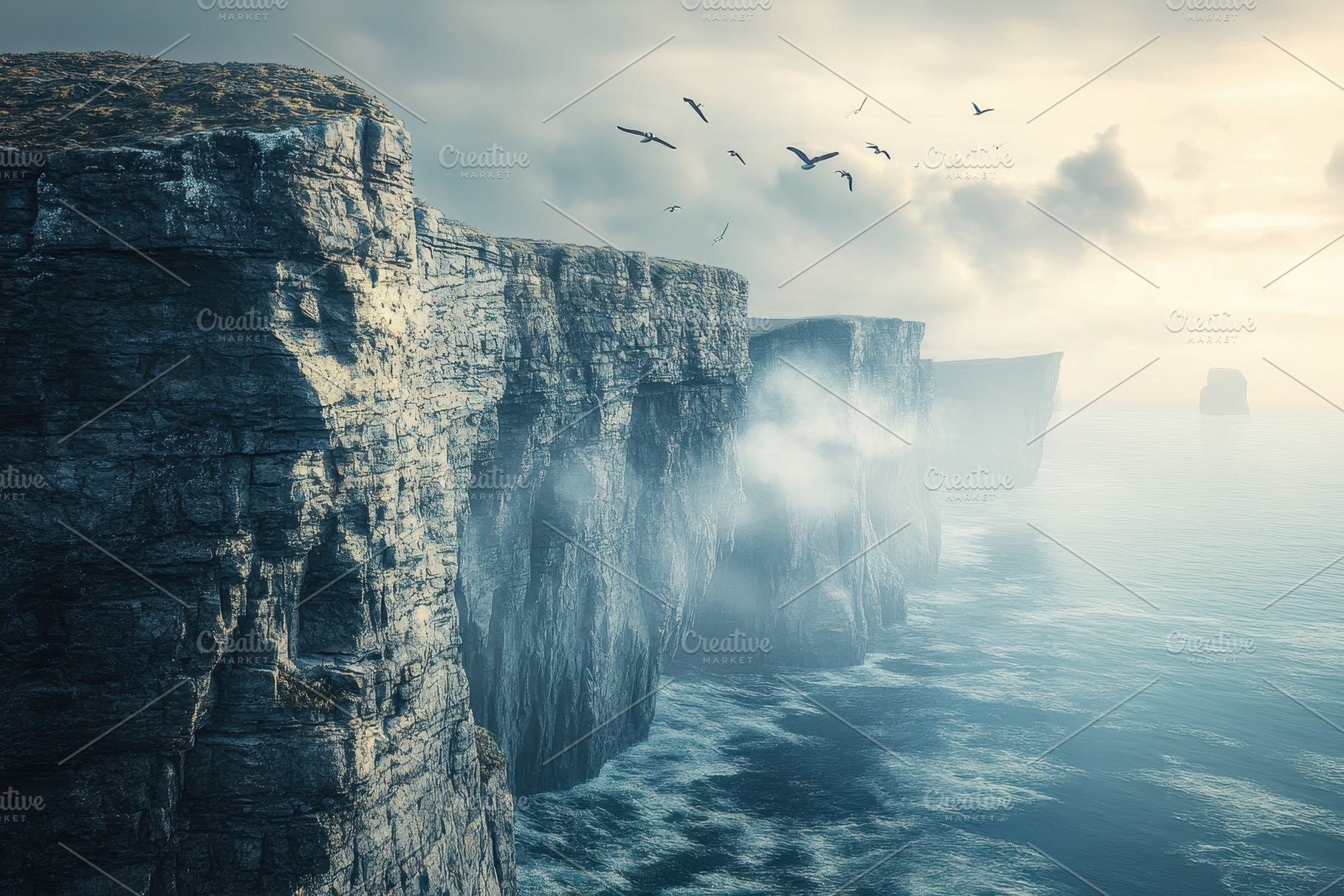 Cliffs rise above calm sea under a c, a Photo by Iftikhar Alam