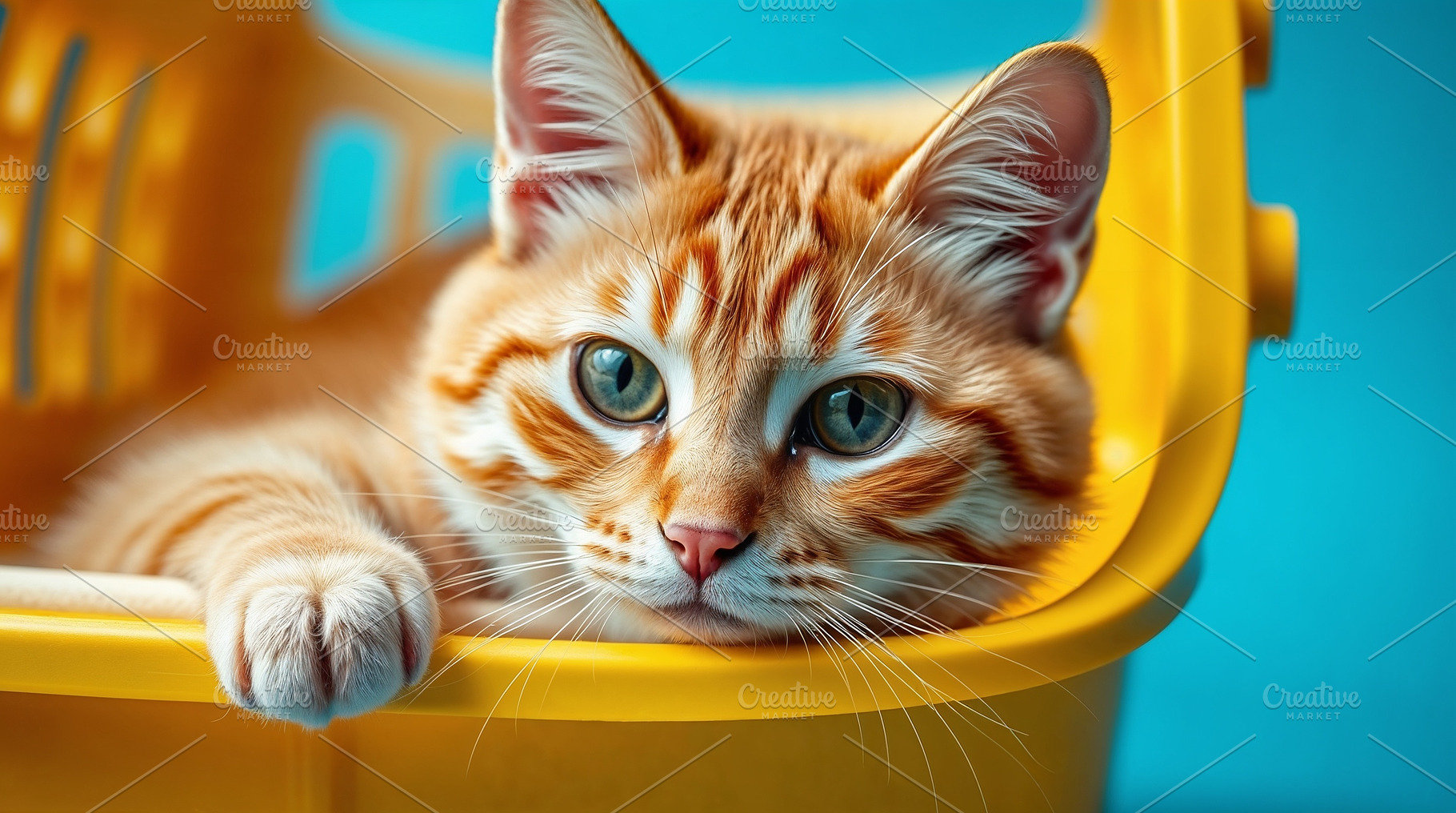 orange cat in yellow carrier box, an Animal Photo by Bunny's Little Shop