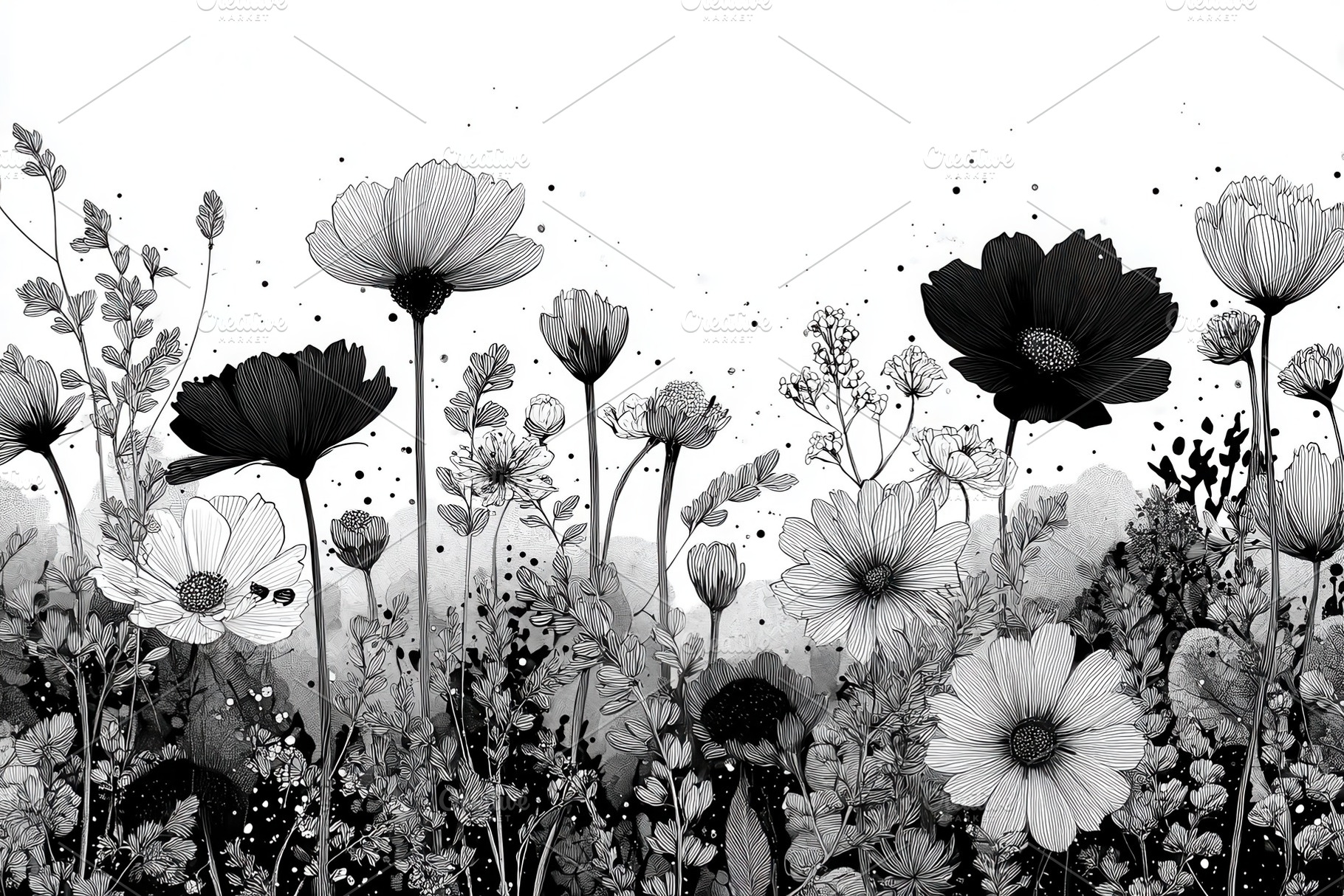 Monochrome floral meadow botanical a, a Photo by Pixeness Studio
