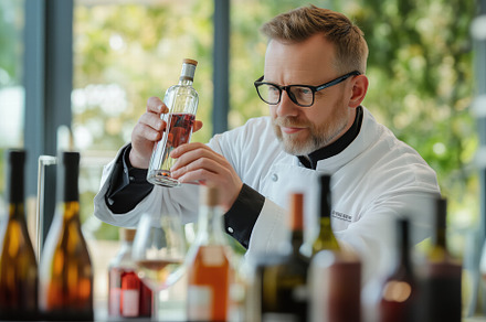 A focused chef sommelier examines a bottle of liquor in a modern kitchen settin, a Person Photo by Textures & Backgrounds