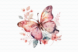 Pink Flowers Butterfly Watercolor