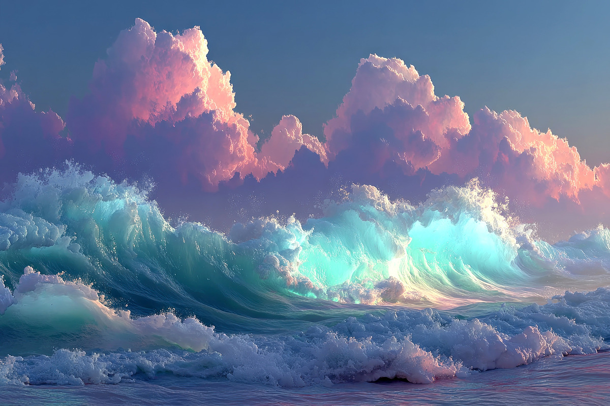 Vibrant turquoise ocean waves crashing under dramatic pastel clo, a Decorative Illustration by José Manuel Gelpi