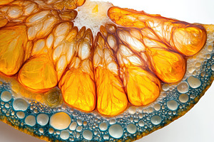 Cross section of a juicy orange, a Photo by Pavel_design