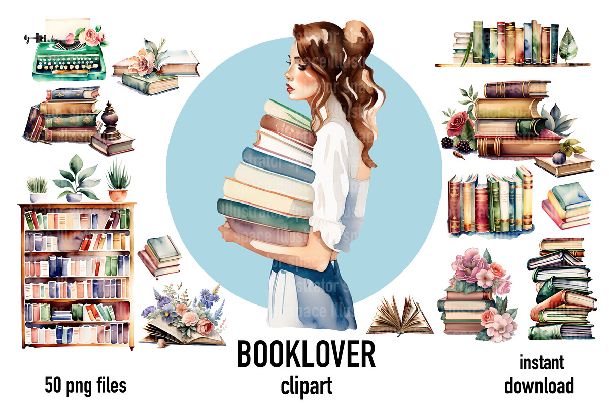 Books clipart, Booklover PNG, an Illustration by Illustrator Space (Photo 1 of 9)