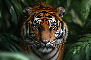 Tiger portrait amidst lush foliage,, an Animal Photo by Pixeness Studio
