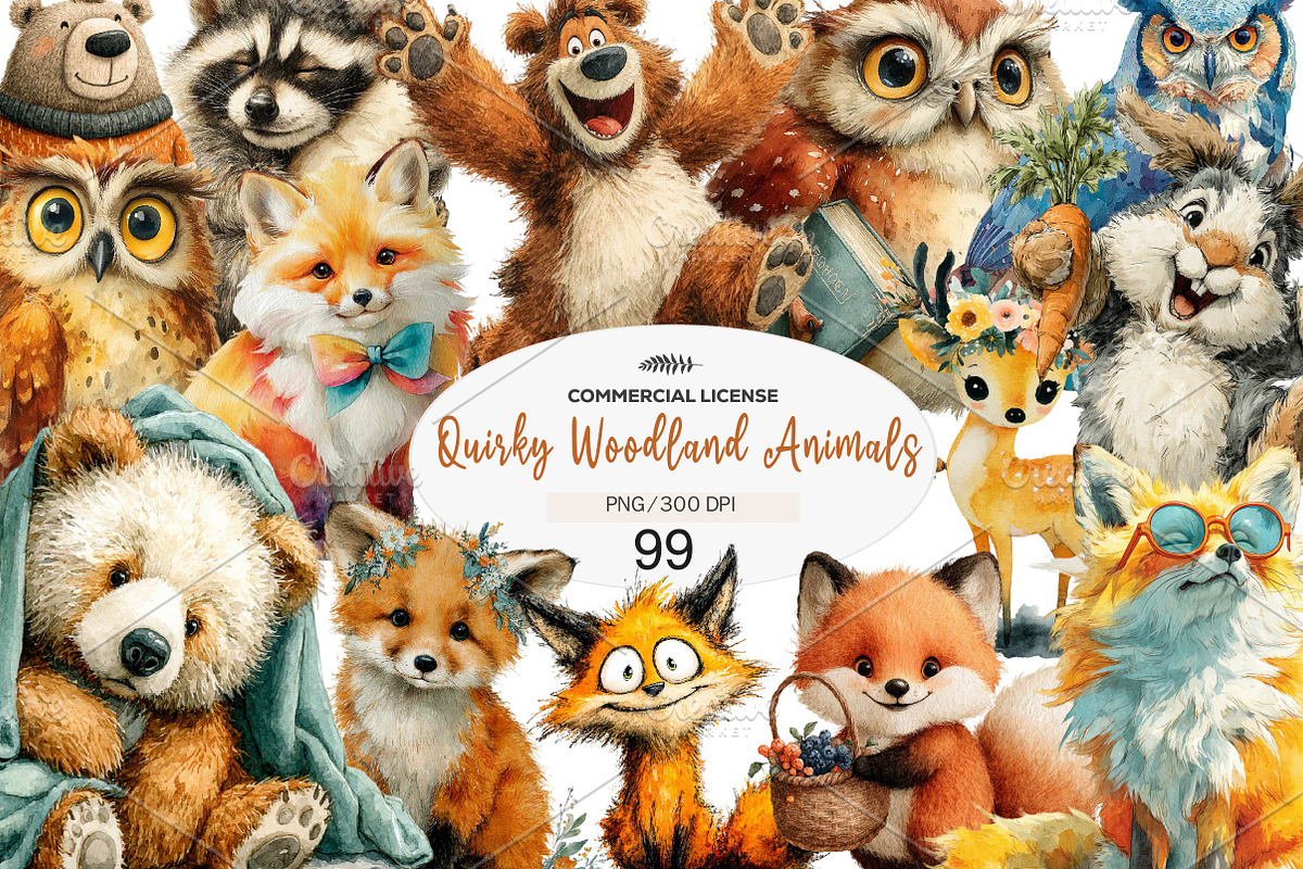 Quirky Woodland Animals Clipart, a Seasonal Illustration by CreationArt (Photo 1 of 7)