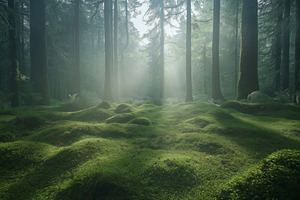 Enchanting green forest with mist rising among tall trees, creating a magical a, a Background Photo by ImageMir