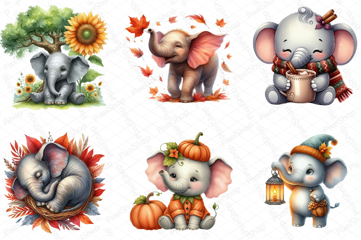 Watercolor Autumn Elephant Clipart, an Illustration by DreamPrint404 (Photo 4 of 6)
