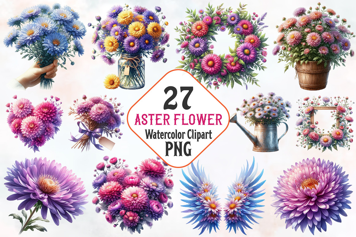 Aster Flower Watercolor Cliparts, an Illustration by RobertsArt (Photo 1 of 8)