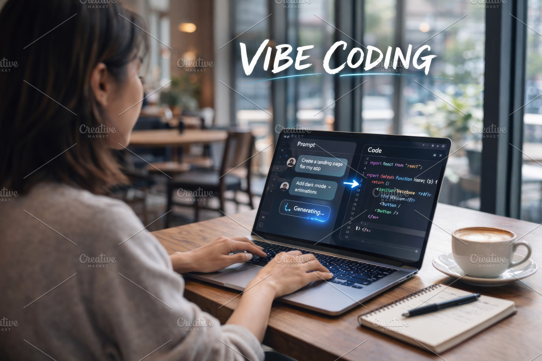Woman coding in cafe setting, focused on laptop screen, Vibe cod, a Photo by Dvoevnore photos