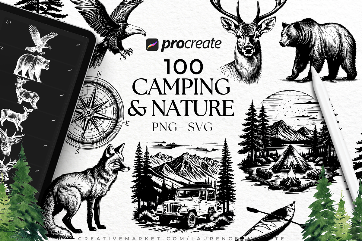 Camping Forest Mountains Procreate, a Brush Add-On by LaurenceVArtiste (Photo 1 of 8)