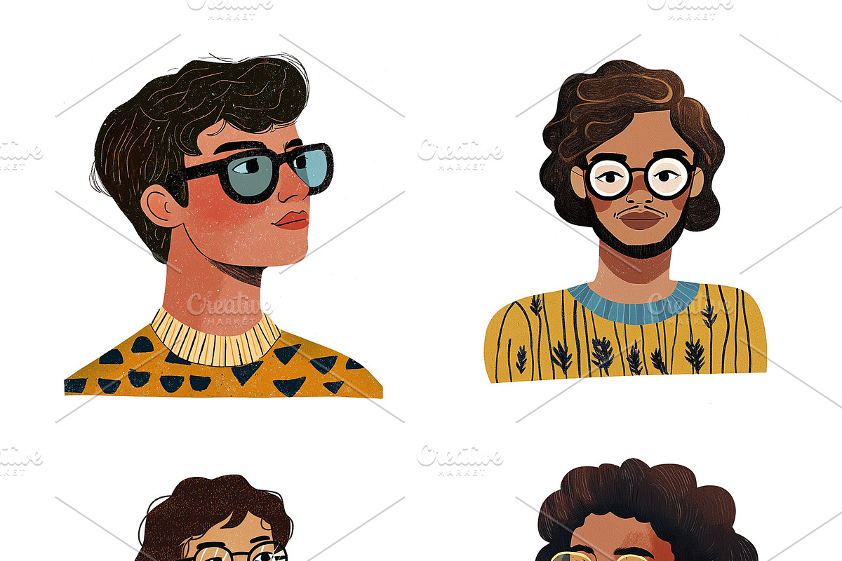 Set of men portraits with glasses, an Illustration by Sybillla