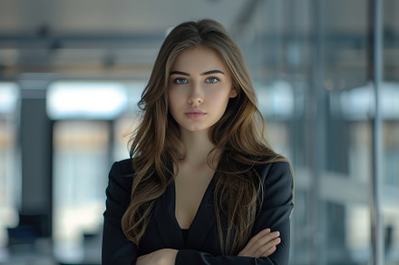 Young business woman in business suit standing on blurred office background, a Person Photo by AlyaAnd