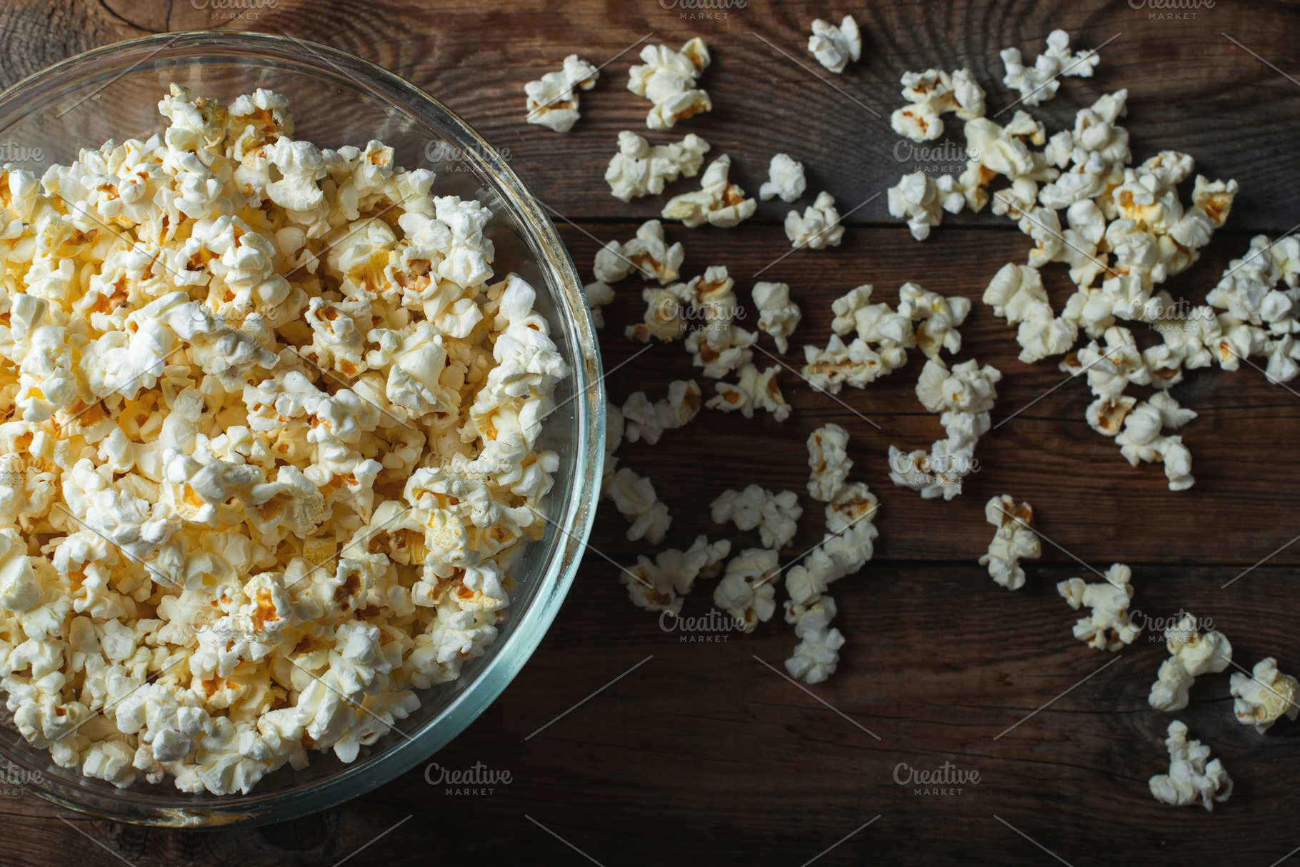 Popcorn on wood color background.Food and snack concepts ideas.Minimal style to, a Food & Drink Photo by Budarinphoto