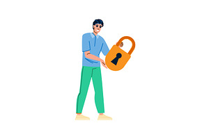 Smiling man holding big padlock, a Technology Illustration by pikepicture