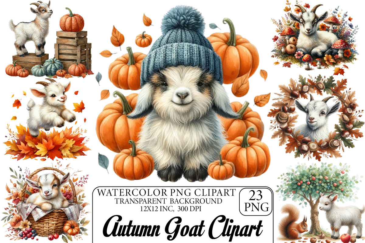Watercolor Autumn Goat Clipart, an Illustration by DreamPrint404 (Photo 1 of 6)