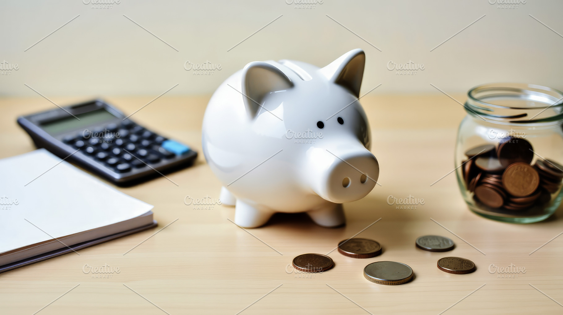 White piggy bank and jar of coins on, a Business Photo by Perpis
