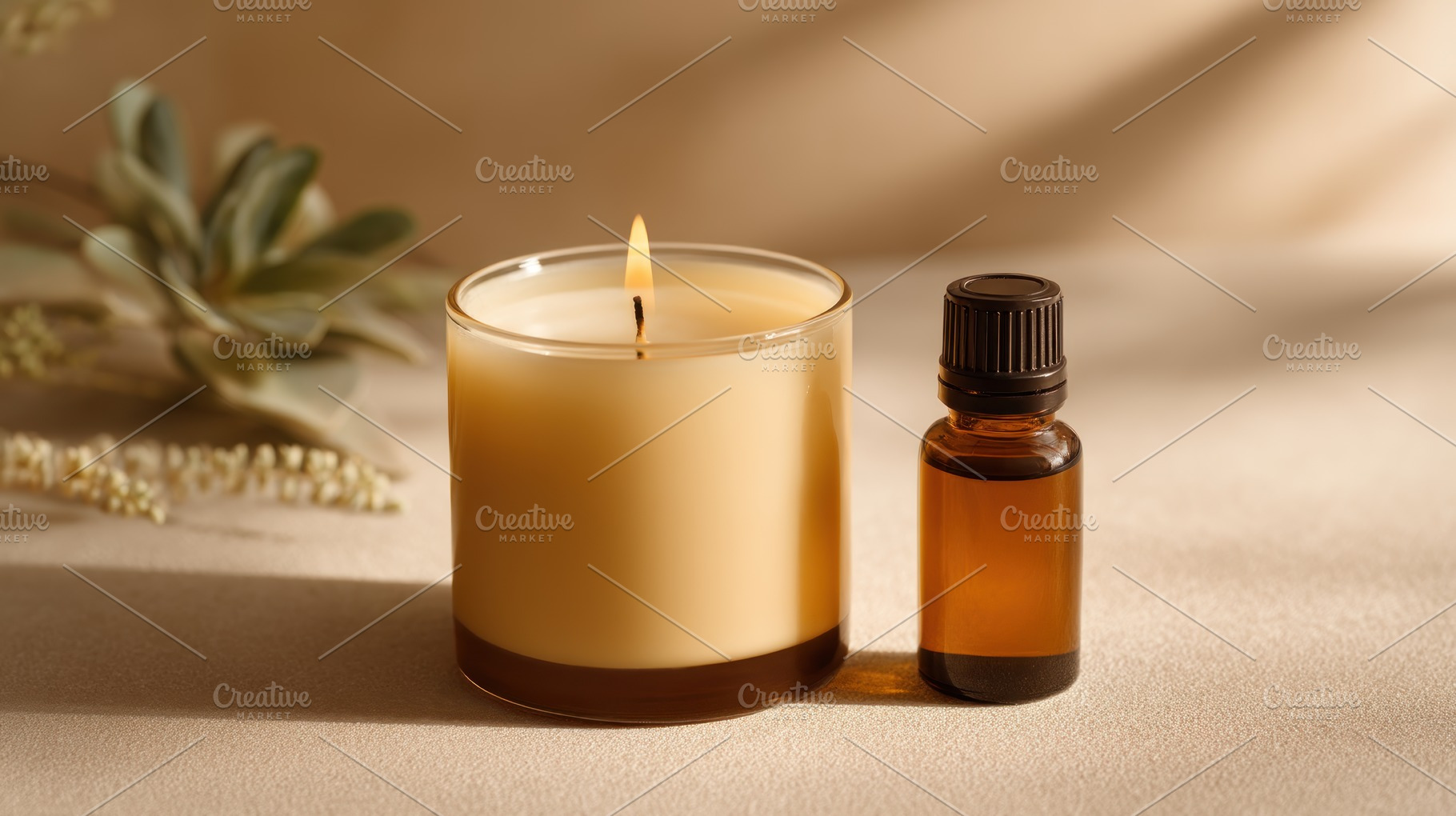 Scented candle and essential oil bottle on beige background with, a Beauty & Fashion Photo by José Manuel Gelpi