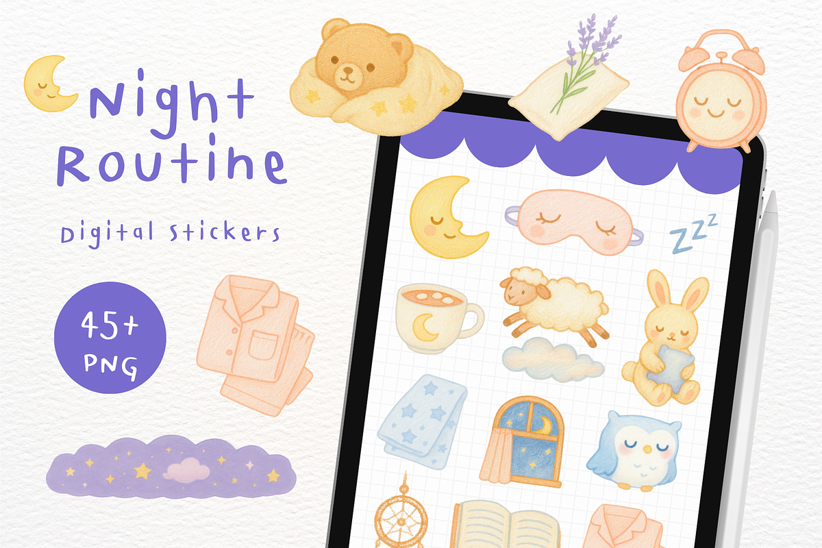 Night Routine Goodnotes Stickers, an Illustration by mimimeow (Photo 1 of 3)