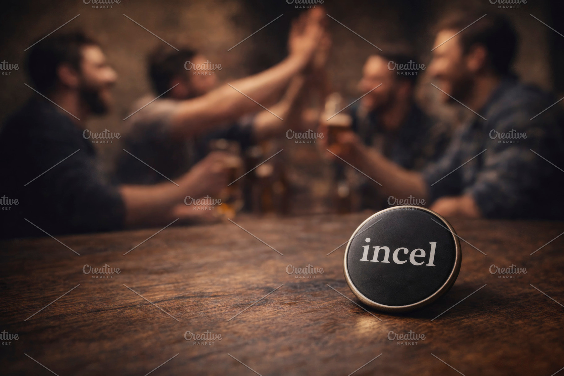 an incel pin rests on a bar table, generative AI, a Photo by Nito