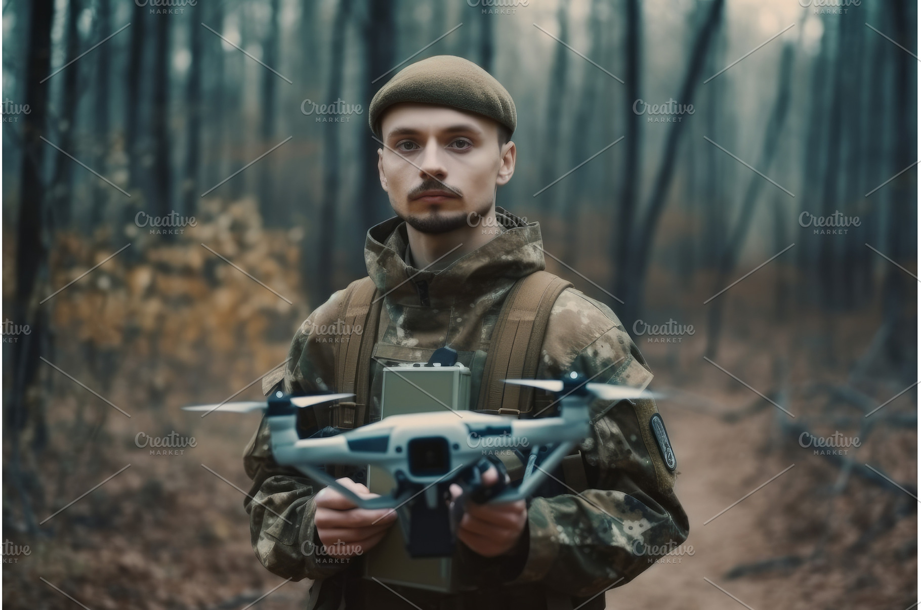 Soldier drone forest cyber. Generate, a Technology Photo by Ylivdesign