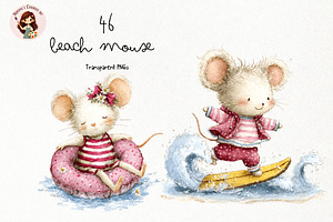 Beach Mouse Watercolor Clipart PNG, a Seasonal Illustration by Nicolle's Colorful Art
