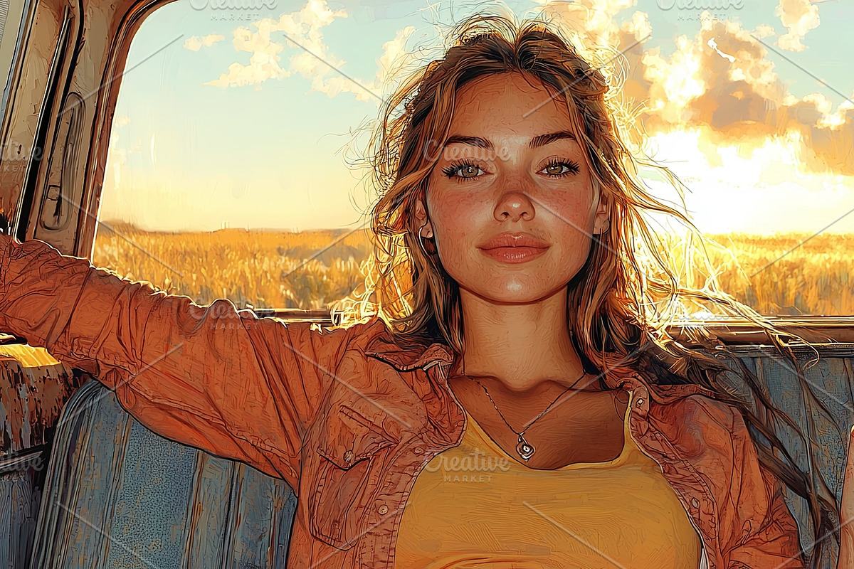 Young woman enjoying a drink in the back of a pickup truck, an Illustration by AS photostudio