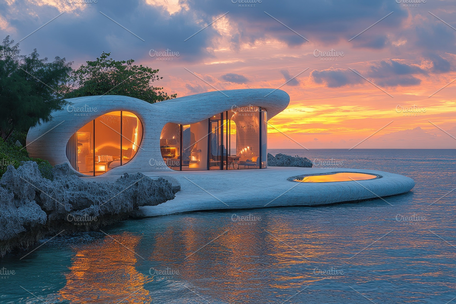 Modern coastal house on rocky shorel, a Photo by Tanuart