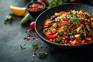 Colorful bowl of spicy chili with fr, a Photo by Tanuart