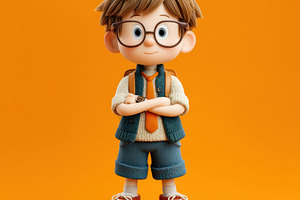 Confident cartoon schoolboy with glasses and backpack standing o, a Person Photo by José Manuel Gelpi