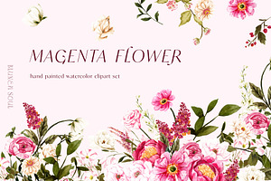 Magenta flowers -watercolor clipart