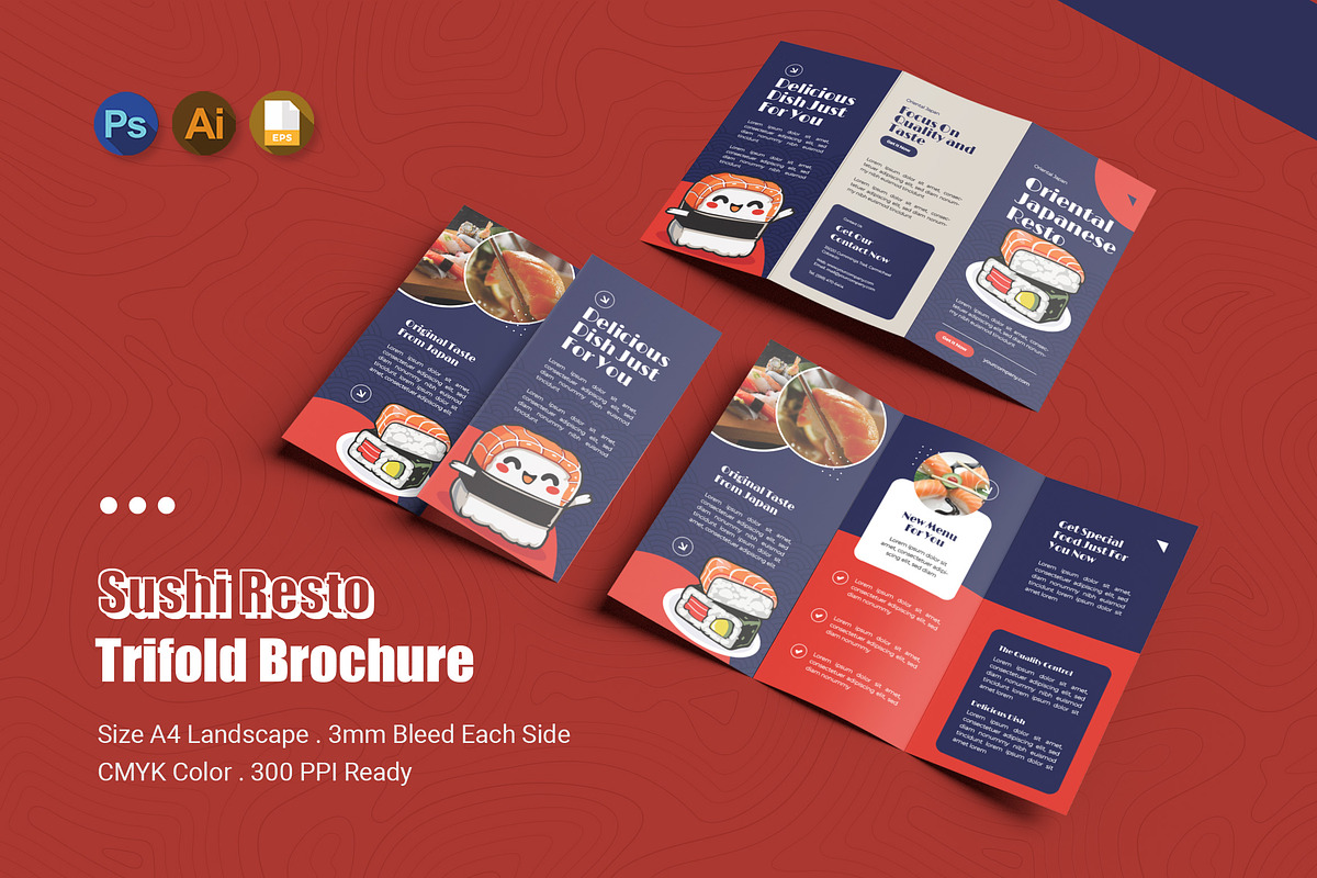 Sushi Resto Trifold Brochure, a Brochure Template by Esensifiksi.studio