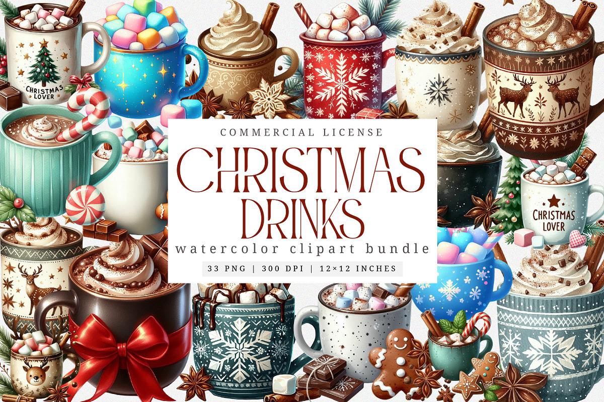 Watercolor Christmas Drinks Clipart, an Illustration by SinaCreation (Photo 1 of 7)