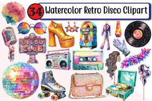 Watercolor Retro Disco Clipart, an Illustration by Design Market