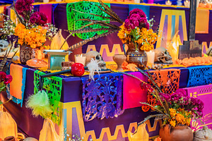 Colorful Day of the Dead altar with