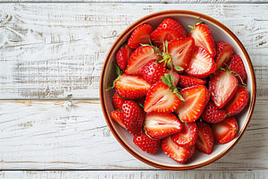 Pieces of strawberries in bowl on wooden table, a Food & Drink Photo by AlyaAnd