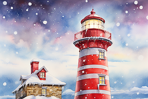 Watercolor Snowy Lighthouse