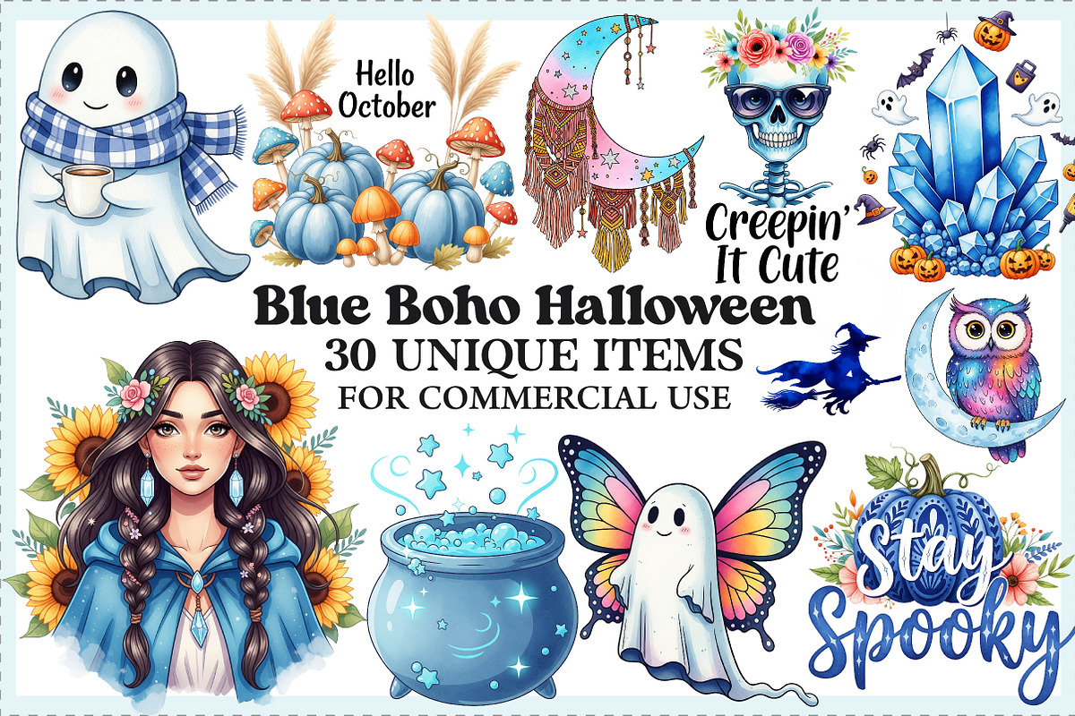 Blue Boho Halloween Sublimation PNG, an Illustration by Craft Nest (Photo 1 of 9)
