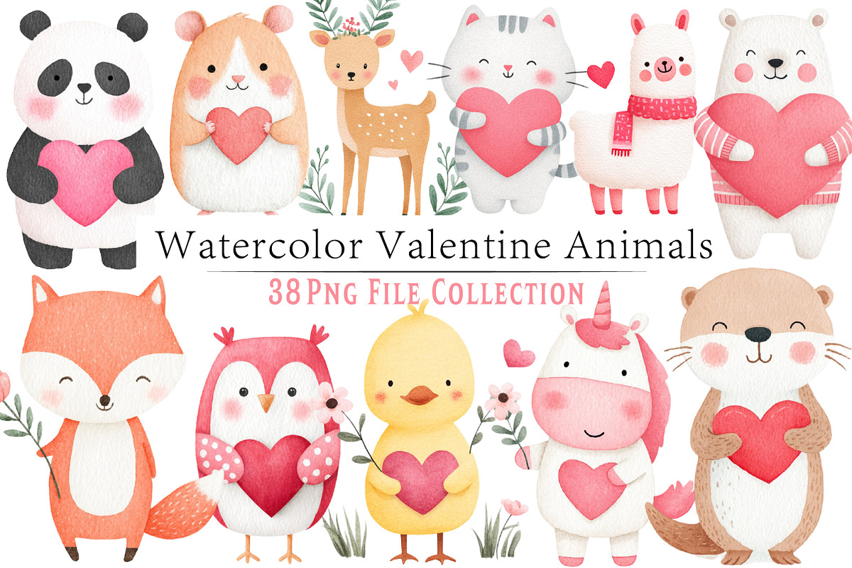 Watercolor Valentine Animals Clipart, an Illustration by Dream Creation (Photo 1 of 7)